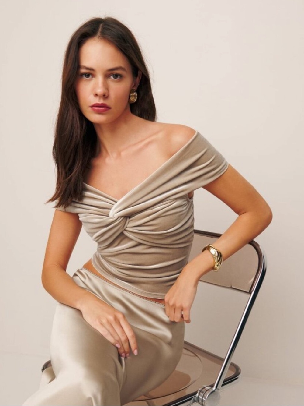 Reformation champagne off shoulder velvet top